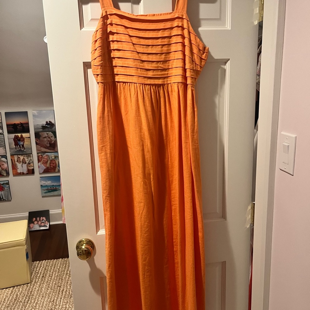 Tahari Orange Pleated Maxi Sundress